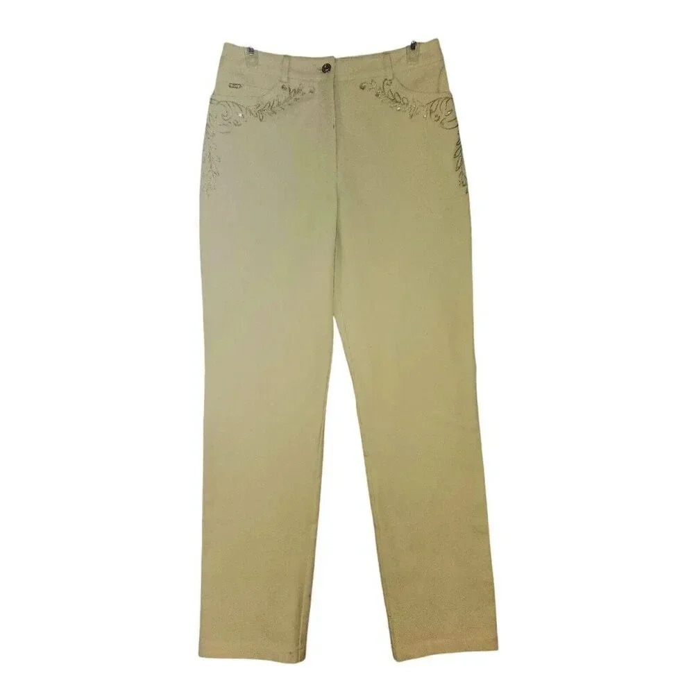 New $245 St. John Classic Bootcut Jean Lemonade Yellow Embroidered Size 6